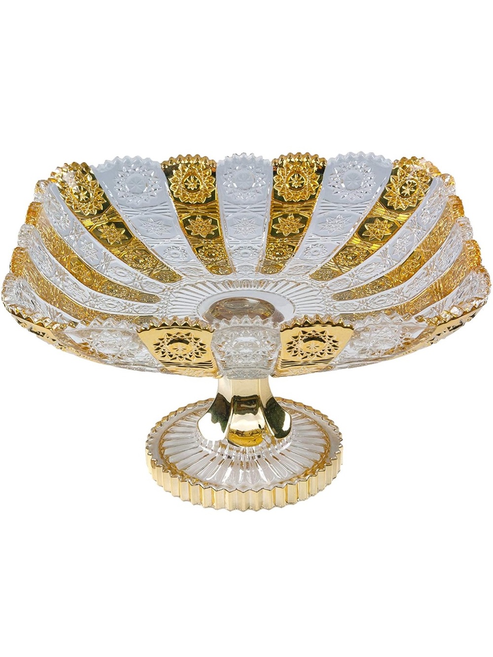 Large Elegant Crystal Glass Centerpiece Serving Footed Square Bowl w Gold